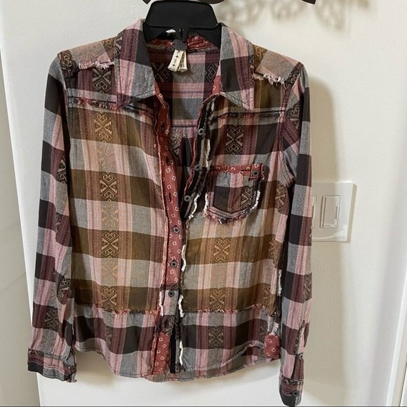 Free People We the Free Embroidered Plaid Shirt with Exposed Raw Seams S - Picture 6 of 14